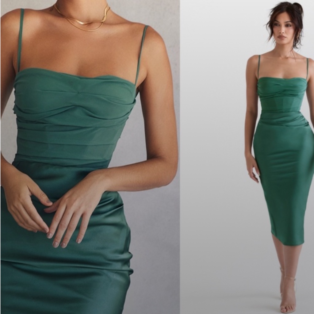 House Of Cb 'Teia' Forest Draped Corset Midi Dress Nwot Size M